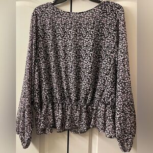 Black and White Relaxed Blouse with Bishop Sleeves and Mandarin Collar